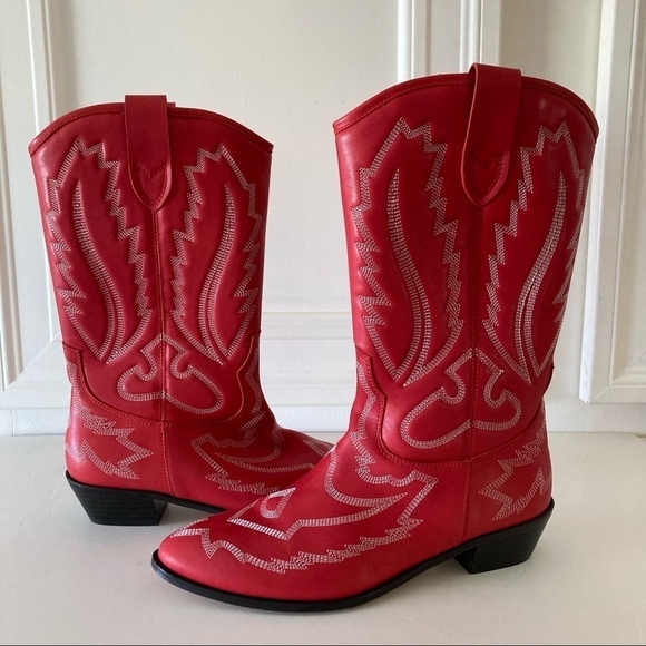 Toral Free People Cross Your Heart Red Leather Western Embroidered Boots Sz 41 - Picture 1 of 8